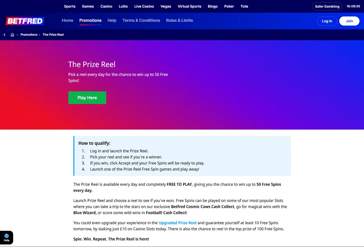 Betfred Prize Reel promotion page