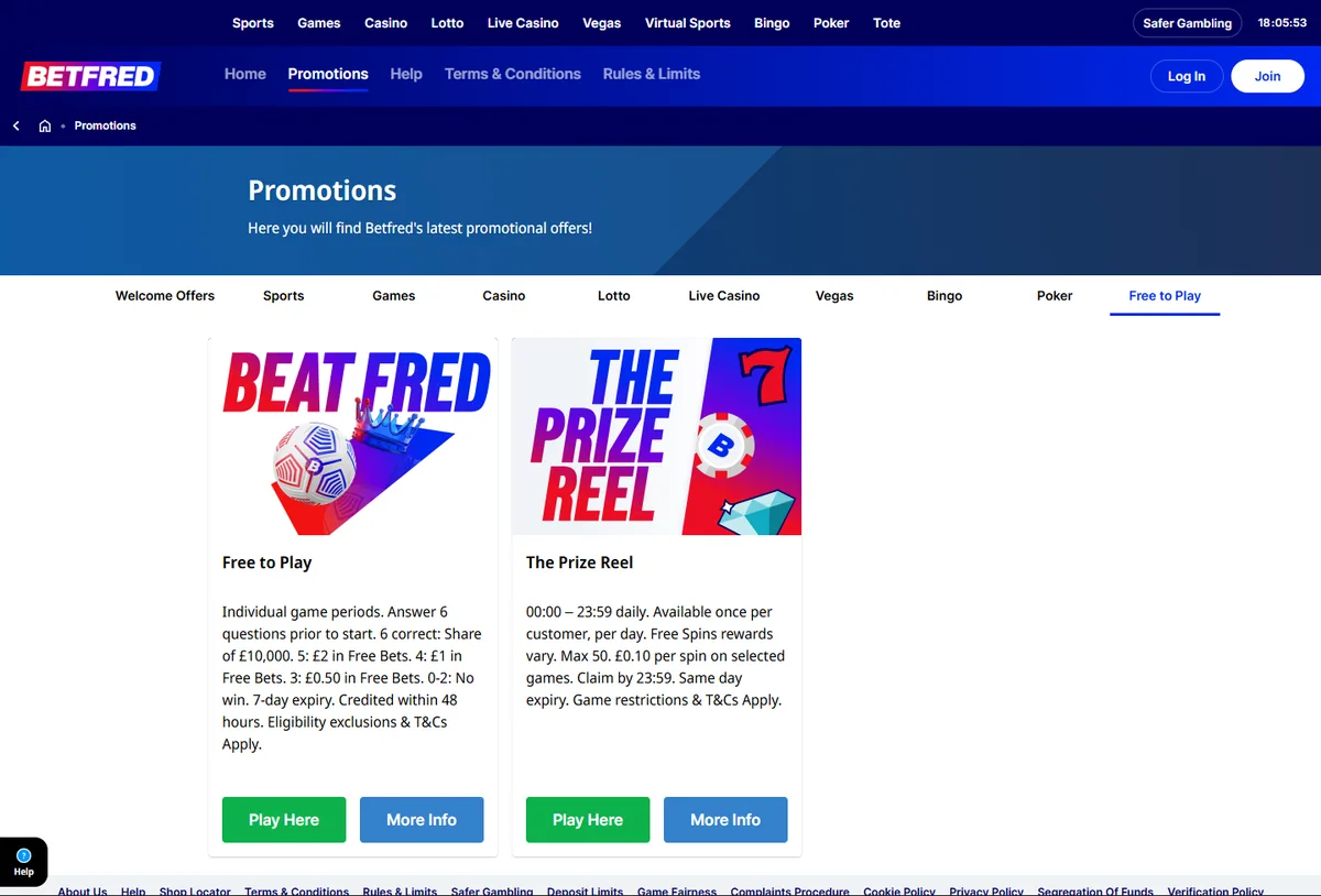 Betfred promotions page on the Free to Play tab showing the Prize Reel and Beat Fred