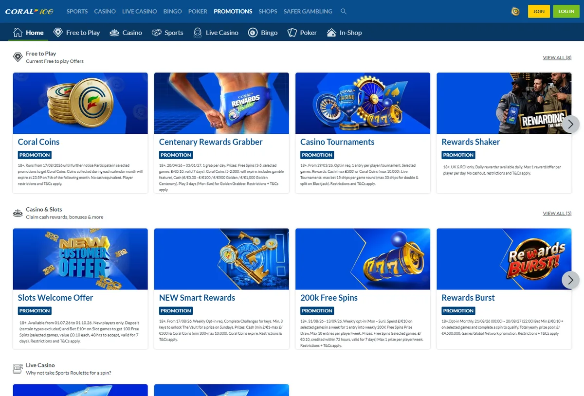 Coral offers page with the Rewards Grabber and welcome offers