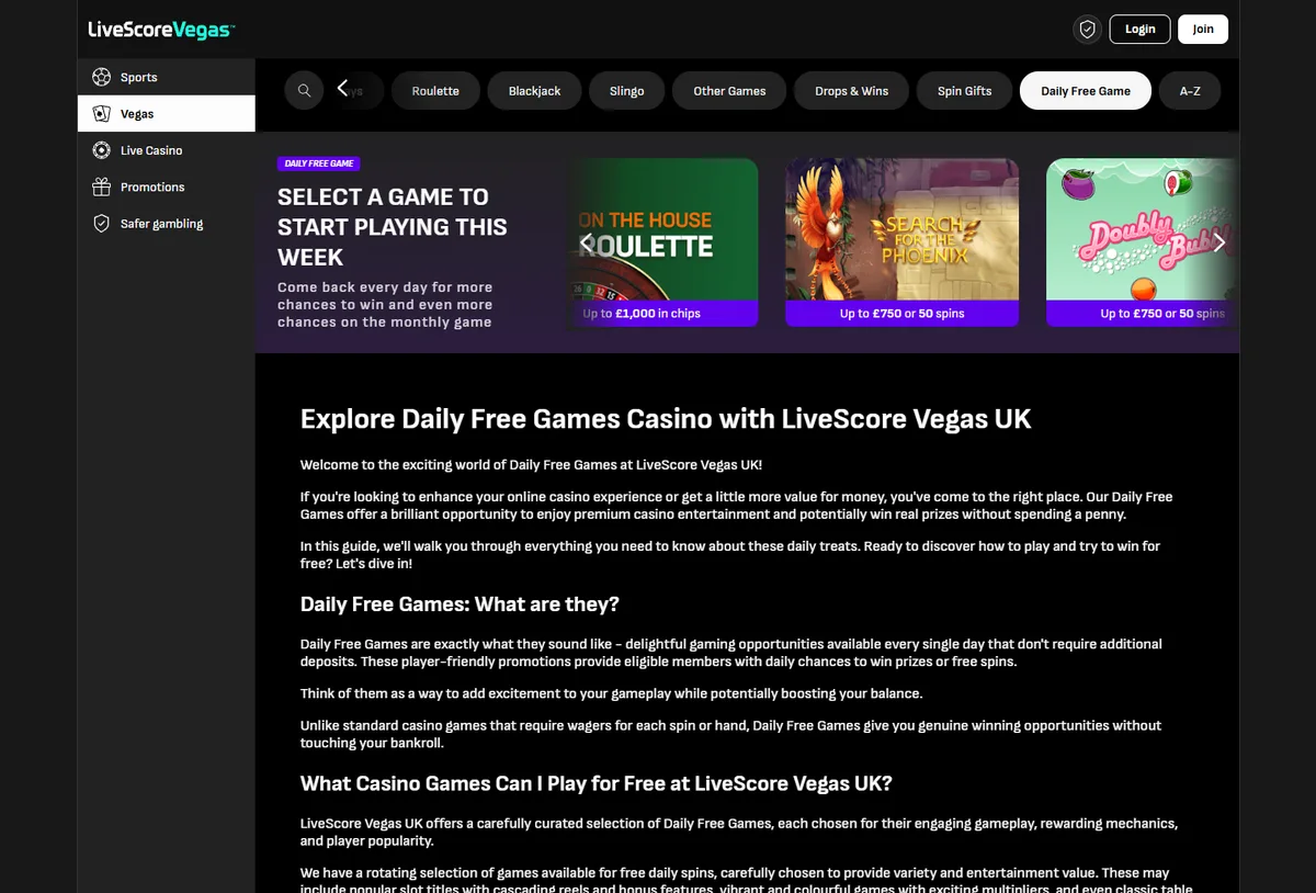 LiveScore Vegas Daily Free Game hub
