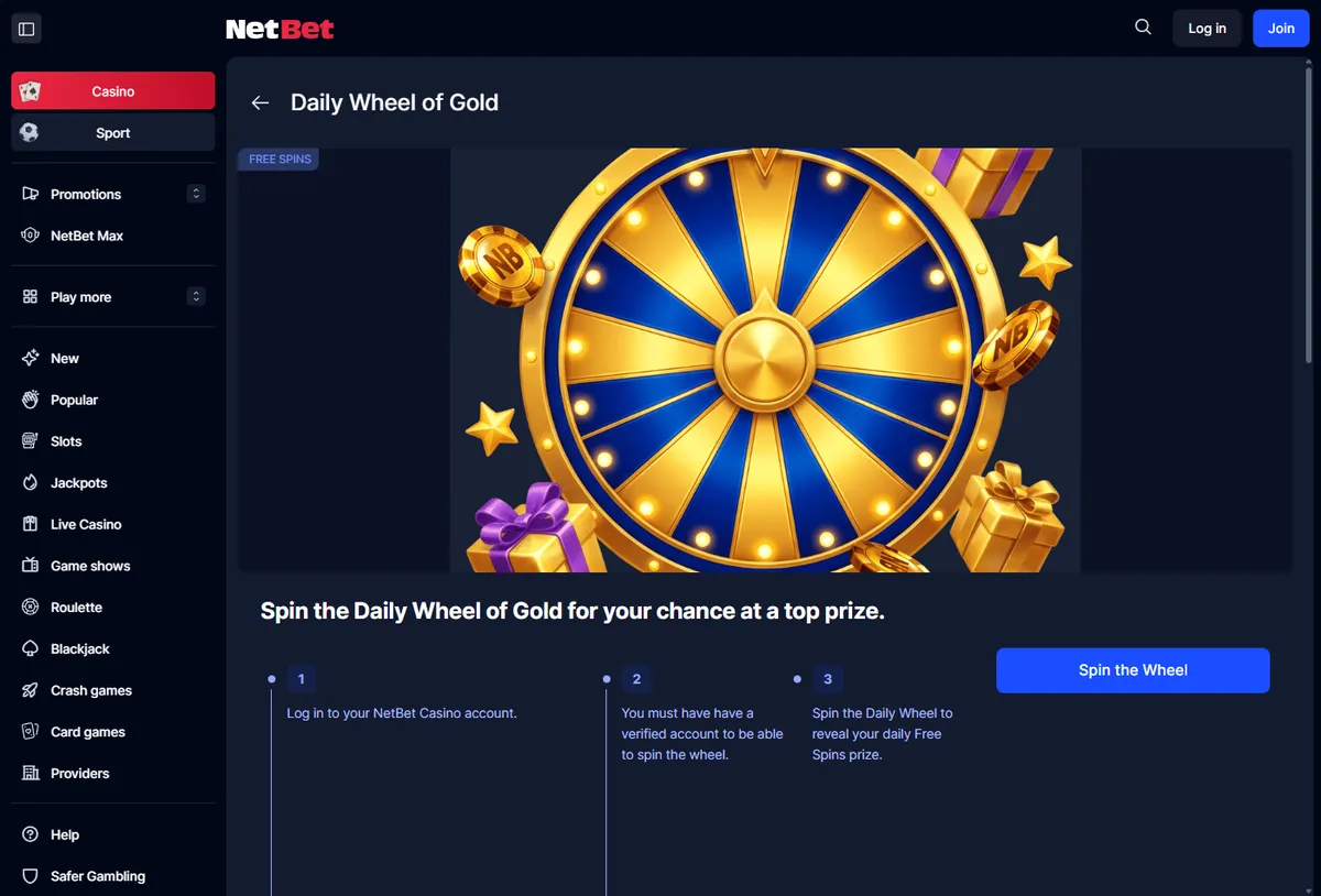NetBet Daily Wheel of Gold promotion page