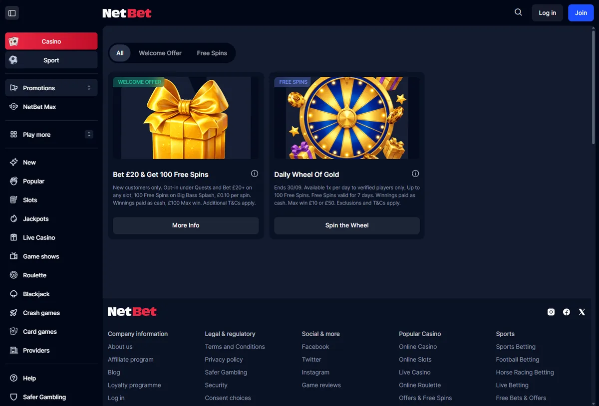 NetBet promotions page showing the welcome offer and Daily Wheel of Gold side by side