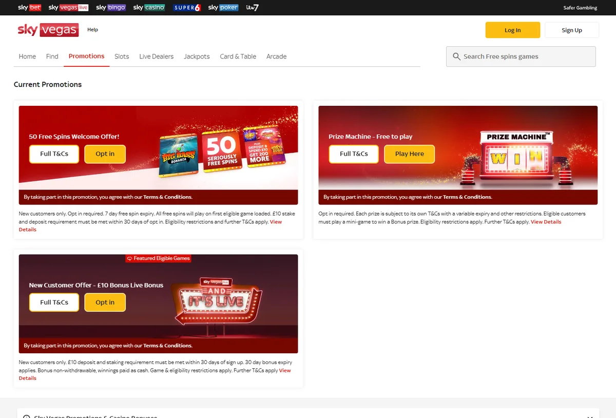 Sky Vegas promotions page with the welcome offer and ongoing promotions