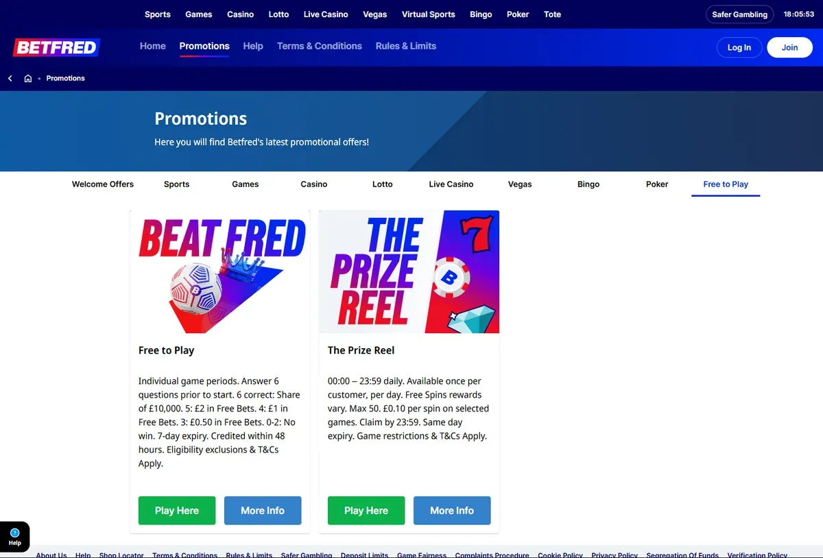 Casino offers for existing customers UK: Betfred's promotions page with the Prize Reel and Beat Fred