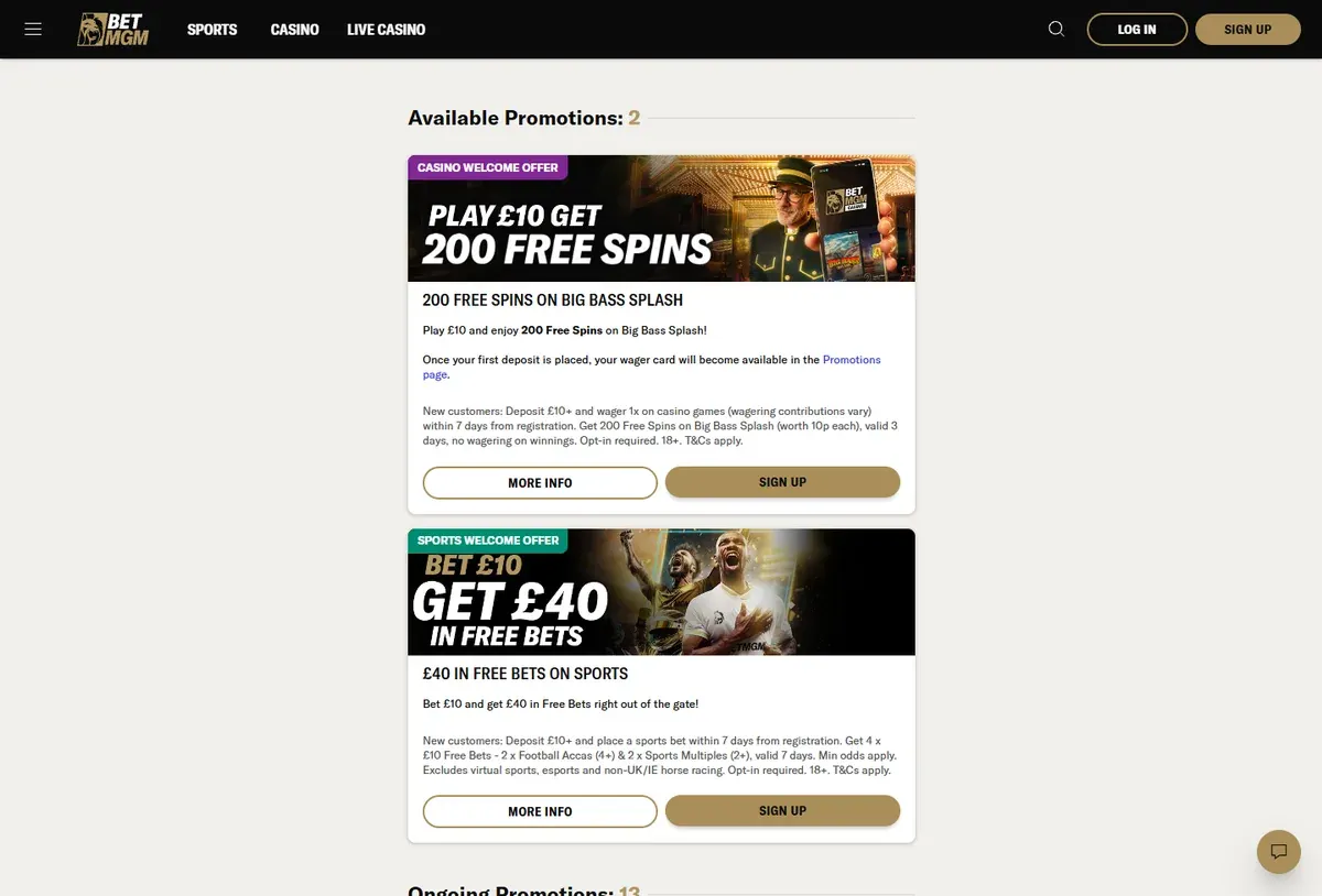 Casino offers for existing customers UK: BetMGM's promotions page with the daily Golden Wheel