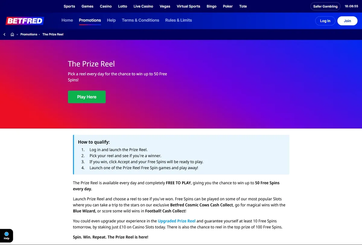 Daily free spins UK: Betfred's Prize Reel in the Free to Play tab of its promotions page