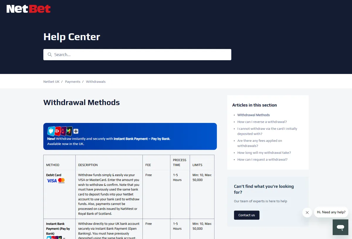 Fast withdrawal casinos UK: NetBet's help centre withdrawal table showing free 1 to 5 hour payouts