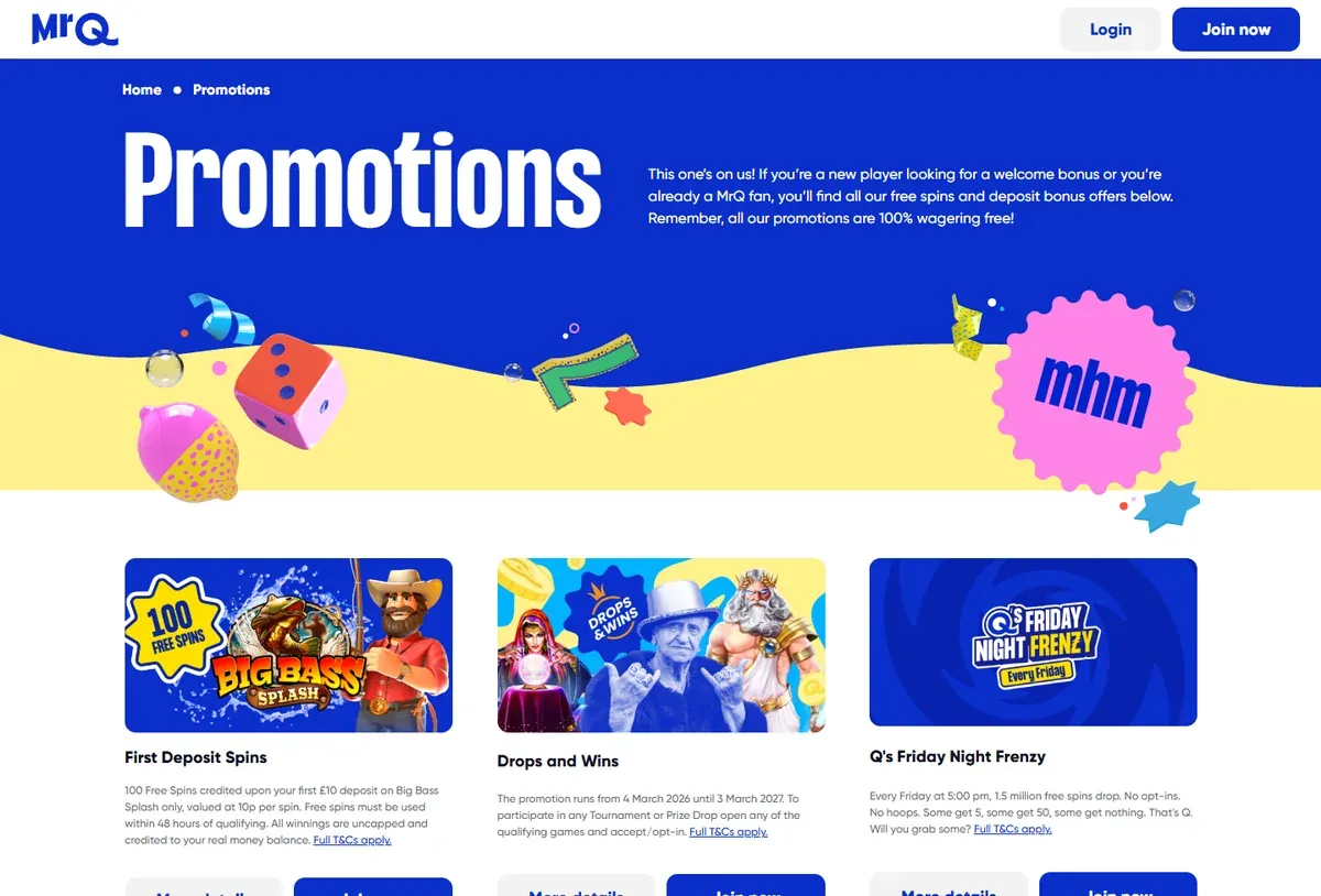 No wagering casino bonuses UK: MrQ's promotions page with the Friday Night Frenzy and wager-free offers